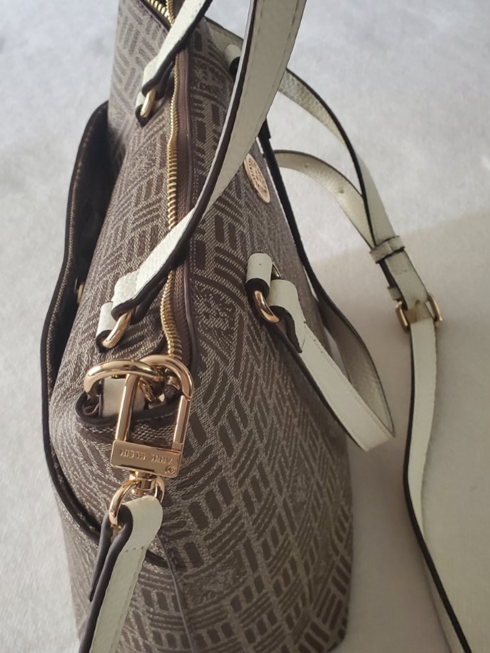 Anne Klein Brown Monogram Satchel with White Trim